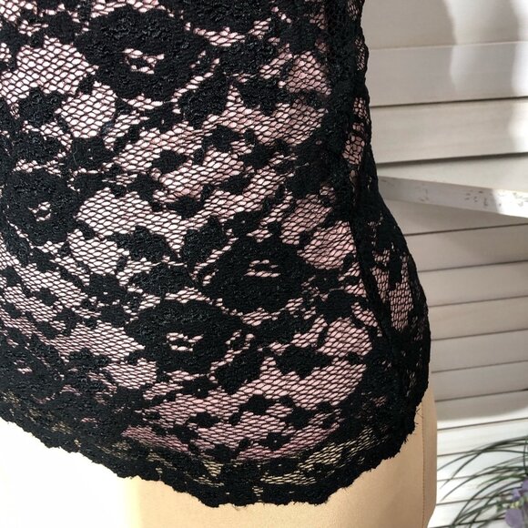 Vintage Y2K Speechless Halter Top High Neck Stretchy Sheer Lace Black Pink Sz S - Picture 9 of 13